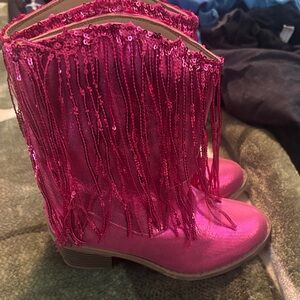 SHEIN Pink Sequin Fringe Kids Boots